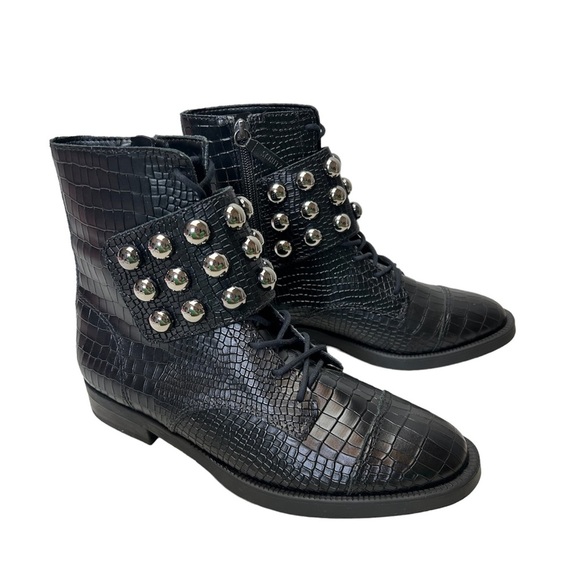 Schutz Marieta Croc Leather Studded Moto Boots - Picture 1 of 9
